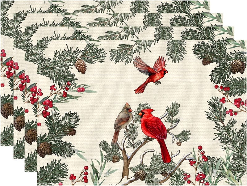 XCHI Cardinal Birds Winter Pine Tree Christmas Xmas Placemats Set of 4 Table Mats for Party Home Kitchen Dining Table Decorations 12x18 Inch - Image 1